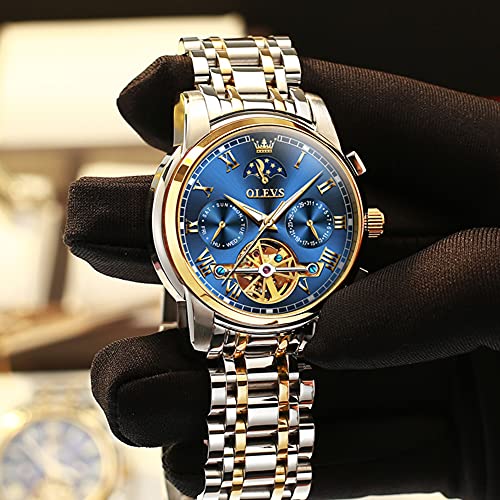 OLEVS Men Watch Automatic Mechanical Skeleton Moon Phase Dress Business Stainless Steel 3AT Waterproof Luminous Men Wrist Watch|B08RS2B56R