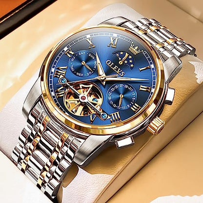 OLEVS Men Watch Automatic Mechanical Skeleton Moon Phase Dress Business Stainless Steel 3AT Waterproof Luminous Men Wrist Watch|B08RS2B56R