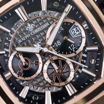 Close-up of a Ralph Christian watch face with detailed design.