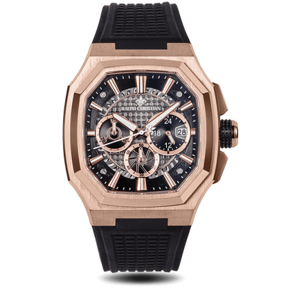 Luxury watch with rose gold case and black strap