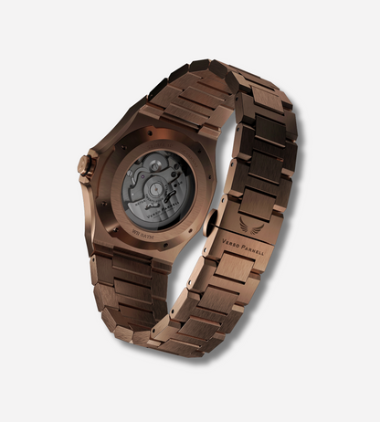 Close-up of Aurora skeleton watch backside showing NH70A movement