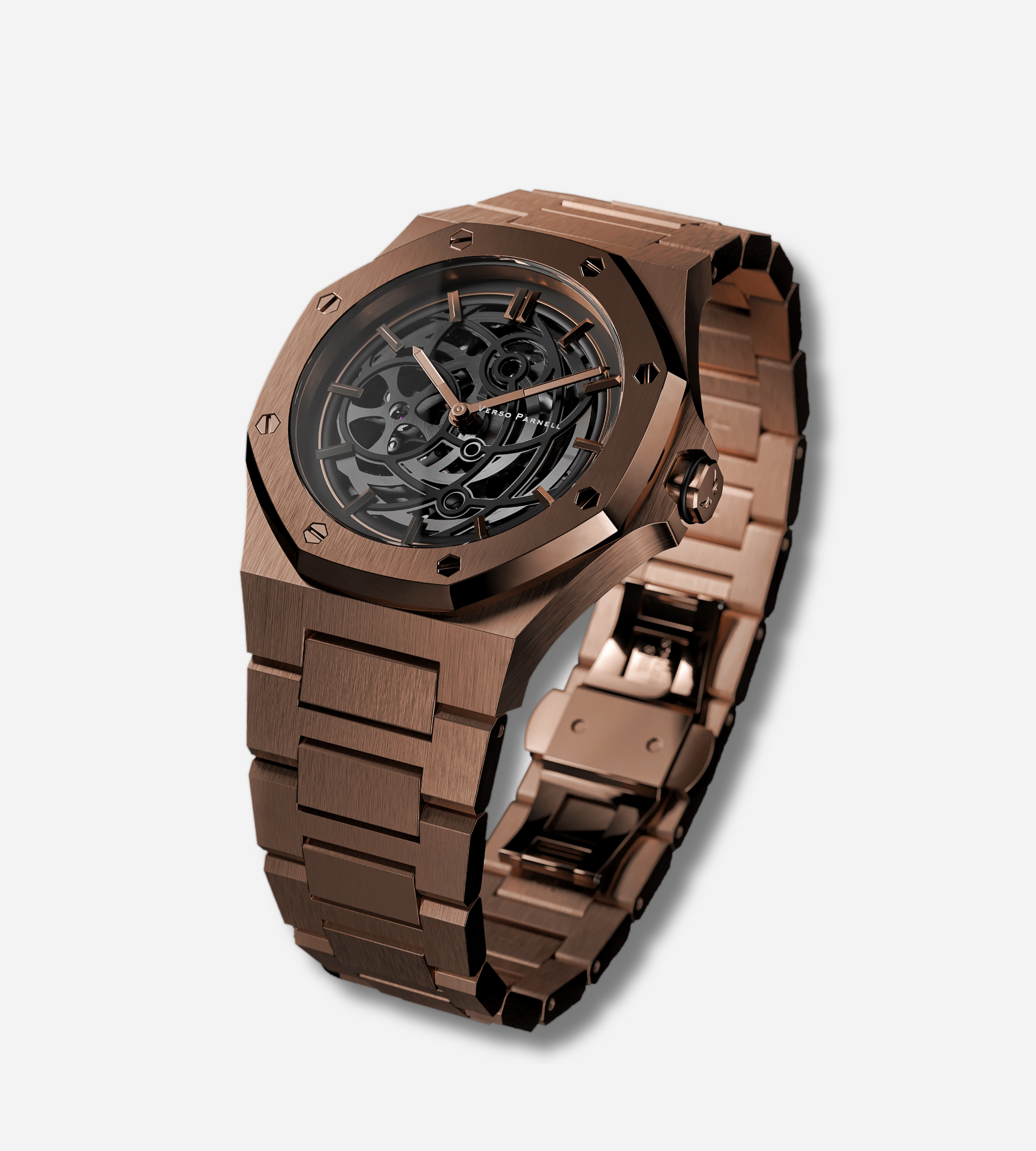 Aurora skeleton watch for men luminous index and 3 subdials on wrist